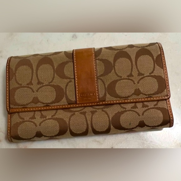 COACH Brown Monogram Fold Over Wallet - 3 Bill Pocket, Zip Pocket, 12 Card Slots - Picture 1 of 11